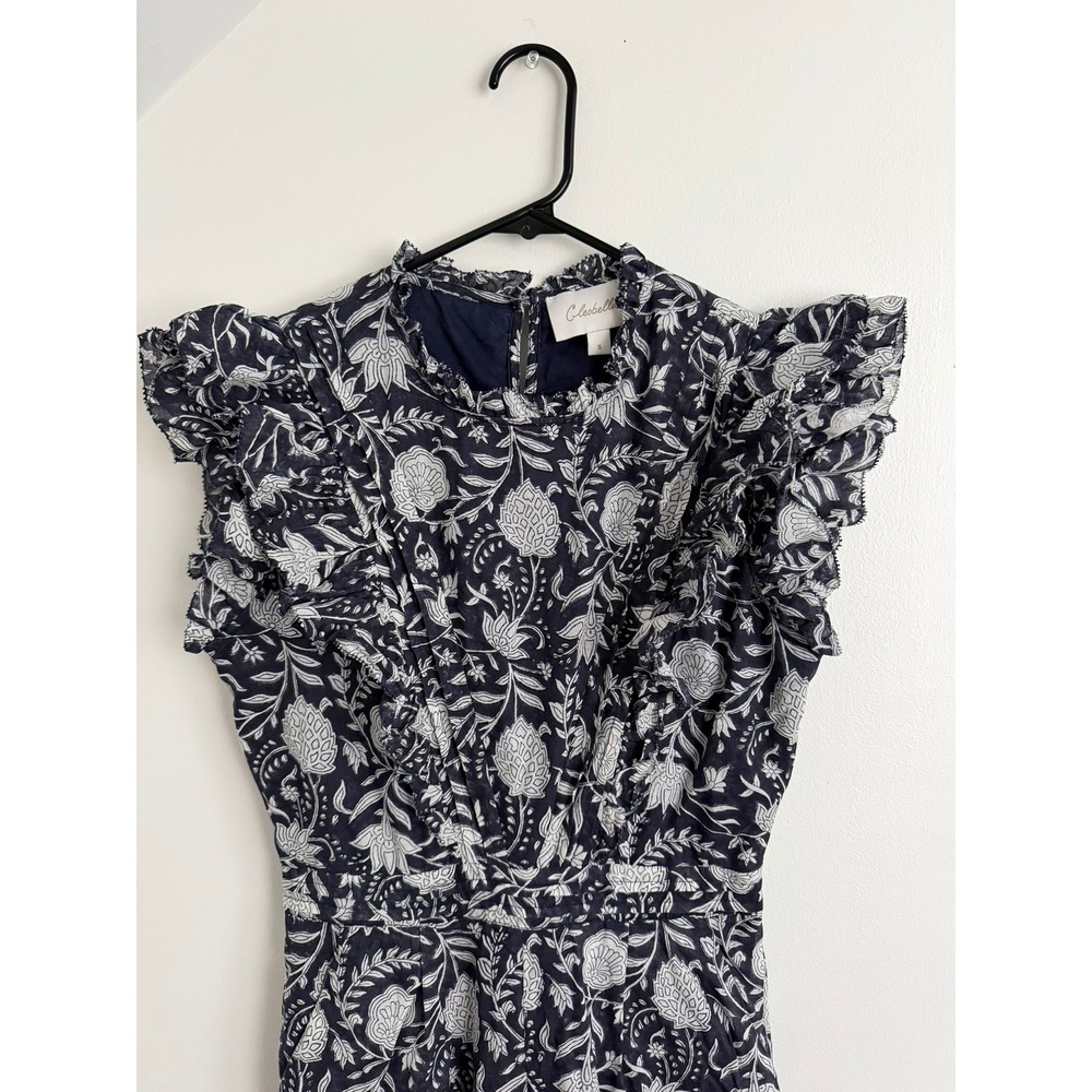Cleobella Navy Floral Organic Cotton Ruffle Jumpsuit Small Boho Woodblock Print